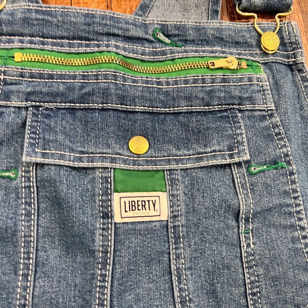 Liberty Womens Denim Bib Overalls Medium Wash Green Accents 1X YBW001LSW - Picture 3 of 6
